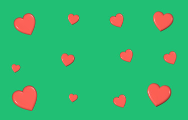 Wall Mural - Cute background with 3D heart.Christmas background.Green wallpaper with 3D red heart.Graphic illustration backdrop.