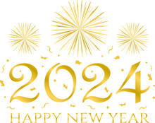 Happy New Year 2024 - Golden Design, Golden Fireworks, Confeti, No Background
