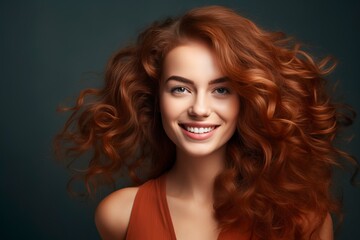  Happy beautiful haired woman, Looking at the camera, one color background, generative ai