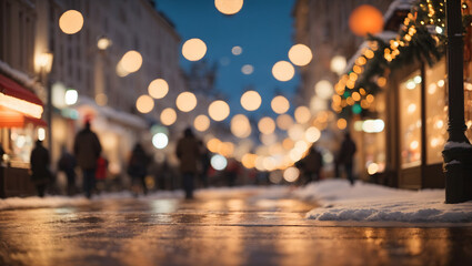 Wall Mural - Abstract composition of a festive urban scene at dusk, with blurred Christmas lights, snow-covered streets, and a warm and inviting glow.