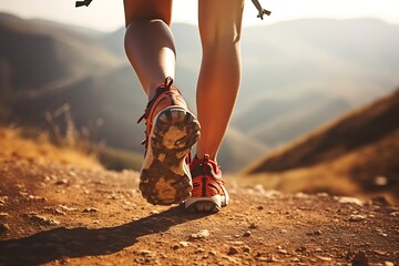 Generative AI : Female legs with sports shoes and backpack running on a trail mountain