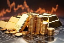 Generative AI : Gold Bullion On Pile Gold Coins At Trading Chart Background