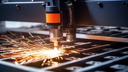 Leinwandbilder - Generative AI : Macro CNC laser machine cutting sheet metal with light spark. 