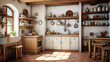 © Halal Vision Studio - a rustic kitchen with cream walls and white tile flooring A wooden kitchen island stands in the center of the room and with a sink and four stools surrounding it