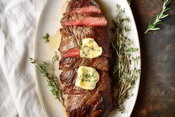 Delicious roasted beef tenderloin with herb butter on white plate garnished with fresh rosemary. Holiday meal for family dinner celebrations