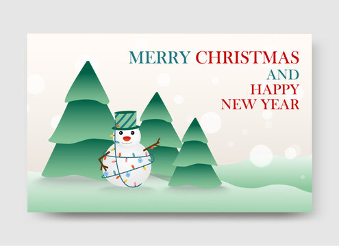 Illustration of Christmas trees and snowman on a gradient background. Perfect for the Christmas season, Poster, and Invitation card.