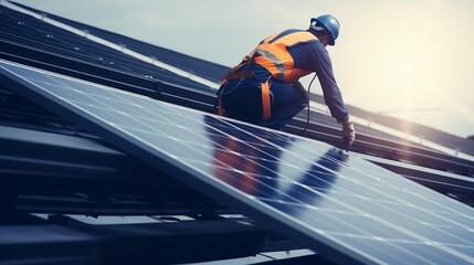 Leinwandbilder - Generative AI : Workers installing solar cell farm power plant eco technology.