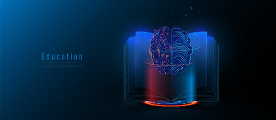Wall Mural - Open book with a brain on top. Artificial intelligence. Technology learning, knowledge, education concept