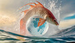 Goldfisch auf globus, ozean, wellen, meer, neu, surreal, digital artwork, Rettung der Meere, 
