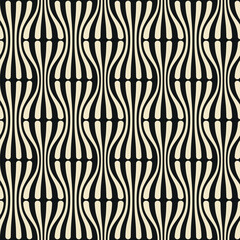 Wall Mural - White wavy striped elements on a black background. Abstract geometric waves. Modern elegant design. Seamless repeating pattern. Vector illustration.