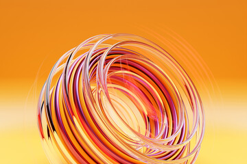 Poster - 3d illustration of a colorful glowing, luminous torus shape on orange background