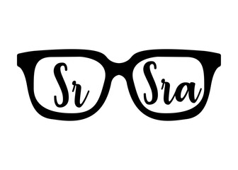 Sticker - Logo con silueta de gafas de sol con letras palabra Sr and Sra en español en texto manuscrito para su uso en invitaciones y tarjetas