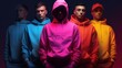 Cinq jeunes hommes qui posent en sweat-shirt à capuche, couleurs vives et différentes, arrière-plan noir