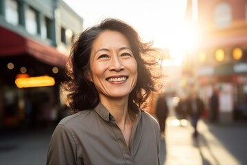 Wall Mural - Mature Asian woman smiling happy face on city street