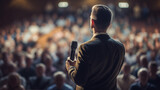 Fototapeta  - A man making a speech in a large auditorium with audience at a business conference. Motivational trainer performing on stage. Public speaker giving talk at business event
