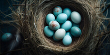 Eggs In A Nest With Morning Light, Easter Background In Blue Color, Pigeon Eggs Resting In A Nest Within The Coop, Blackbird Nest With Blue Eggs, Generative AI


