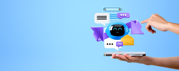 Poster - Woman hands with smartphone and AI chat bot