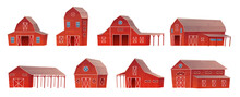 Farm Barn Set Vector Illustration. Cartoon Isolated Front View Of Rural Red Wooden Houses Of Different Types, Ranch Building With Doors, Gates And Windows, Agriculture Warehouse And Animal Shelter