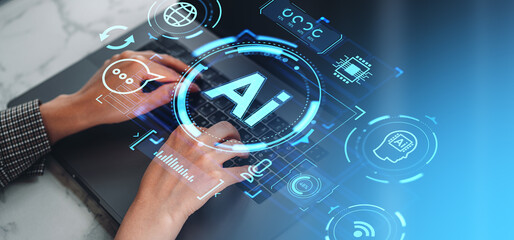 Aufkleber - Woman hands with laptop and AI interface