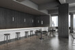 Black restaurant interior with dining space and bar counter, panoramic window