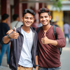 Wall Mural - Two college boy showing thumbs up at college campus