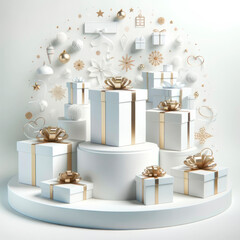 Poster - White podium with gift boxes and christmas decorations. Generative AI