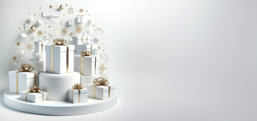 Poster - White and Gold Christmas Gifts Mockup Background, Generative AI
