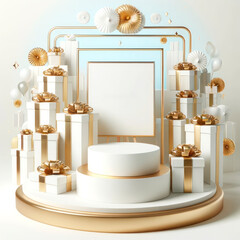 Poster - White podium with gift boxes and golden ribbons. Generative AI