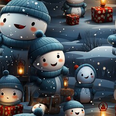 Wall Mural - Cartoon Snowmen Winter Seamless Wrapping Paper Pattern Design.