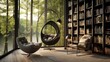 A contemporary reading nook with a hanging chair, modern bookshelves, and large windows providing a scenic outdoor view. 