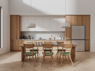 White and wooden kitchen interior with long dining table