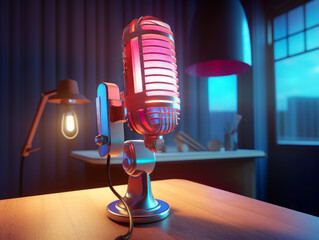 Poster - Illuminated vintage microphone on desk at night. Generative AI