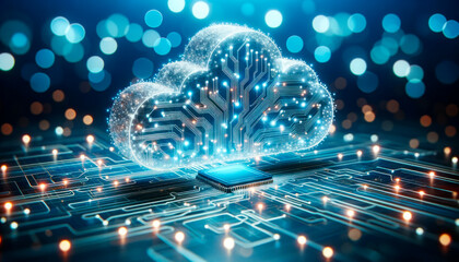 Poster - Cloud computing concept with circuit board and cpu on blue background. Generative AI