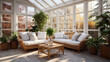 a sunroom with a white tile floor and a wicker sofa and a skylight