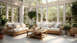 a sunroom with a white tile floor and a wicker sofa and a skylight