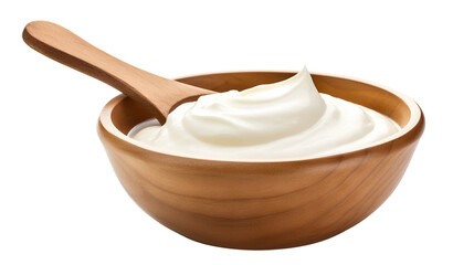 Wooden bowl with sour cream and a wooden spoon, cut out