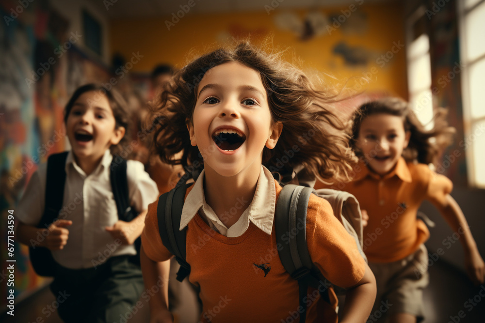 Happy kids joyfully running down a school hallway celebrating the ...