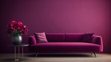 Contemporary Interior With Elegant Dark Magenta Room With Sofa And Table With Flowers Wtih Copyspace