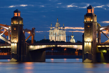 Wall Mural - The Peter the Great Bridge against the background of the Smolny Cathedral on a white night. Saint-Petersburg, Russia.