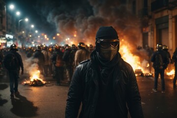 Wall Mural - People in black masks are setting fires and riots in the night city. The police and security service control the streets. 