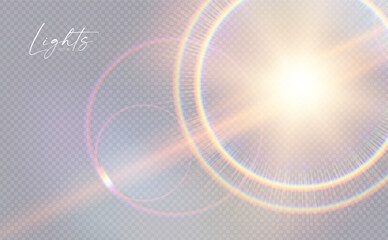 Wall Mural - Rainbow sunshine and bokeh light effect. Dispersion of beam. Sun light effect for immersion in atmosphere.