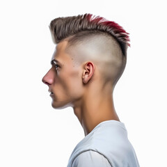 Wall Mural - Male model with mohawk cut hairstyle, isolated on white background