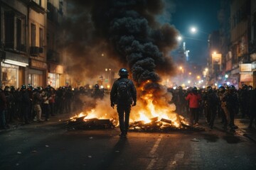 Wall Mural - Burning wrecked cars, fires and smoke, city residents and police controlling the situation on the night street.