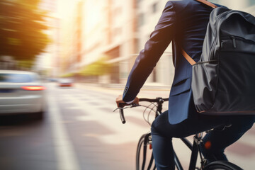 Wall Mural - Successful smiling African American businessman with backpack riding a bicycle in a city street in London. Healthy, ecology transport	