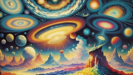 Wall Mural - Cosmic animation, impressionist painting. Bright universe animation with vivid galaxy, planets, nebulas and stars. AI generated cinematic video