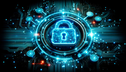Aufkleber - Cyber security concept with padlock on circuit board. Generative AI