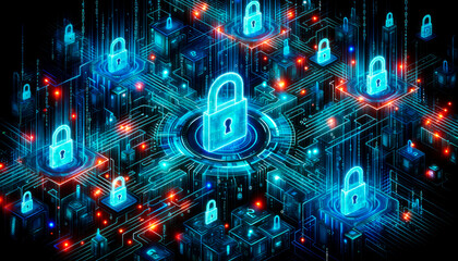 Poster - Cyber security concept with circuit board and padlock. Generative AI