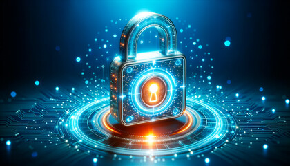 Poster - Cyber security concept with padlock on circuit board background. Generative AI