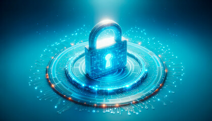 Poster - Cyber security concept with glowing padlock on blue background. Generative AI