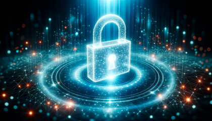 Poster - Cyber security and information safety concept on blue background. Generative AI